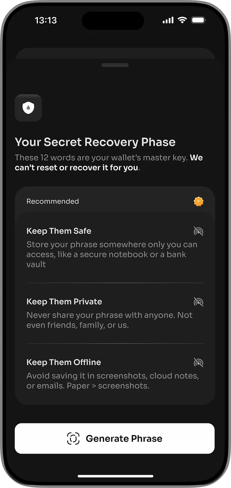 Dacryp recovery phrase screen